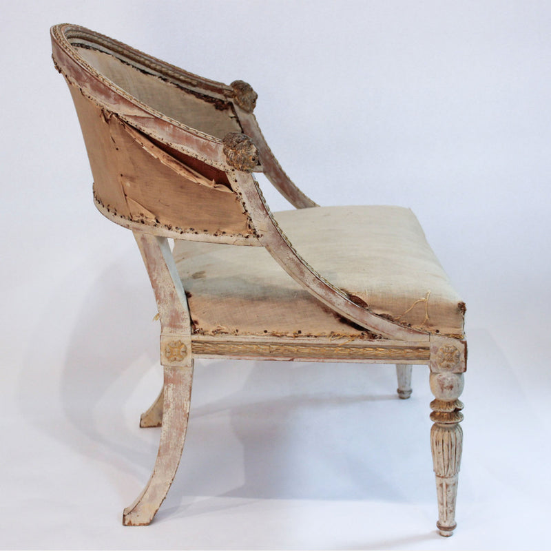 Swedish Gustavian Bergère with Carved Lion Head Finials and Fluted Legs