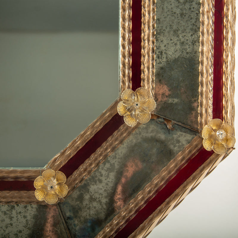 "Ruby Regatta" Venetian Octagonal Mirror with Murano Glass Rosettes