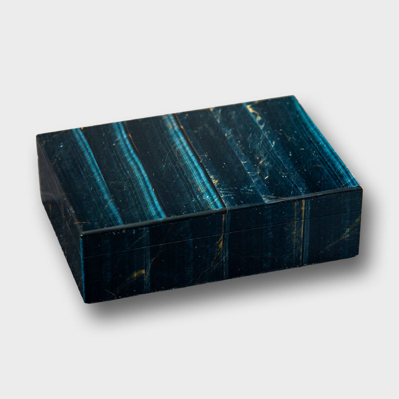 Polished Midnight Blue Falcon’s Eye Gemstone Box with Brass Hinged Lid – 6"