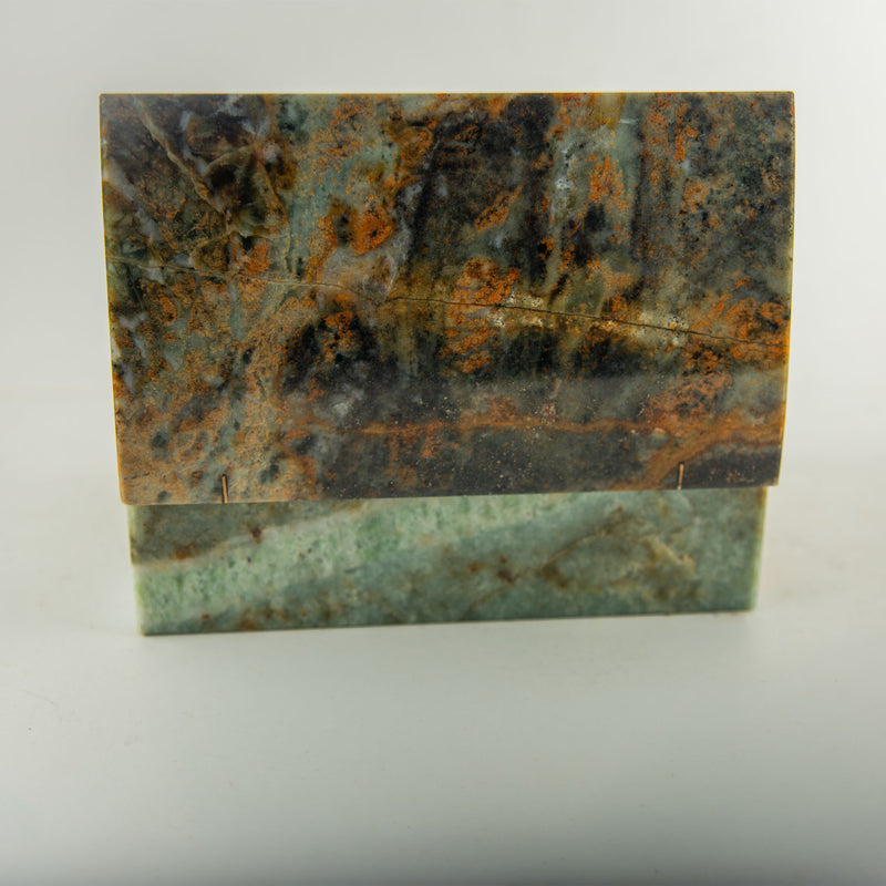Polished Green Onyx Stone Box with Rust and Blue-Green Veining