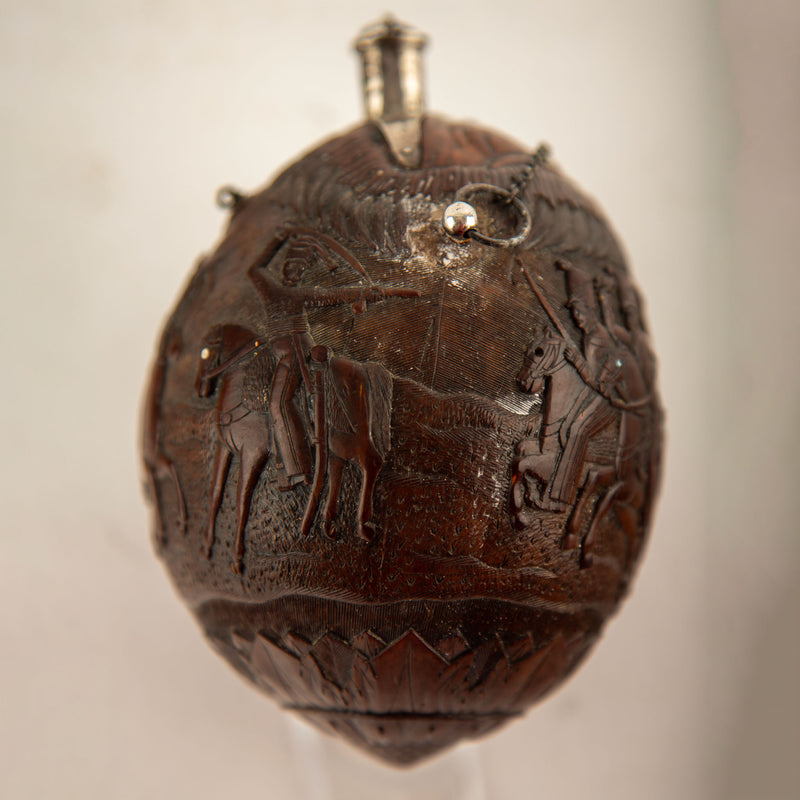 French Colonial Carved Coconut "Bugbear" Flask with Silver Mounts, 18/19th C.