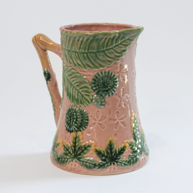 Majolica-Style Pink and Green Botanical Jug with Leaf Decoration