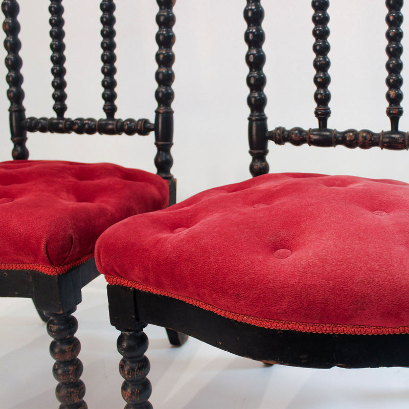 Pair of Napoleon III Ebonized Bobbin-Turned Chairs with Red Velvet Upholstery
