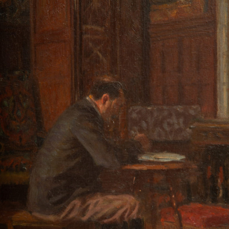 At Work: 1905 Painting of a Writer and His Dog in a Chic Salon, Signed J. Barcal