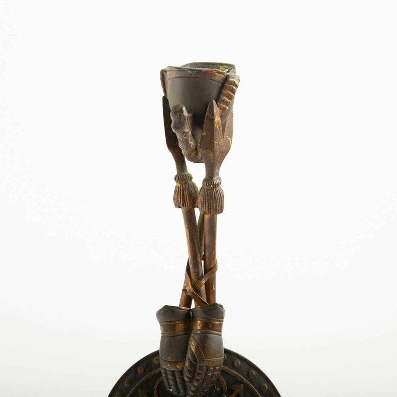 Pair of 19th-C French Bronze Tripod Candlesticks- Martial Motifs on Marble Bases