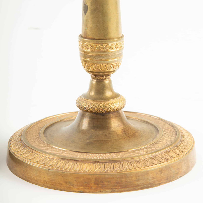 Pair of French Empire Period Gilt Bronze Candlesticks with Guilloché Decoration