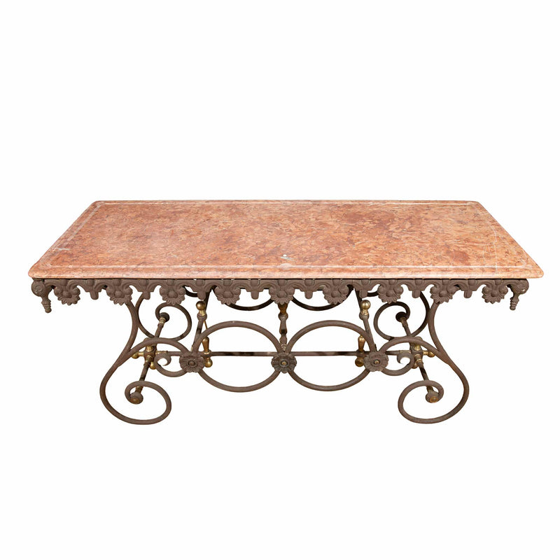 Exceptional Large 19th-Century French Butcher Table with Rose Marble Top