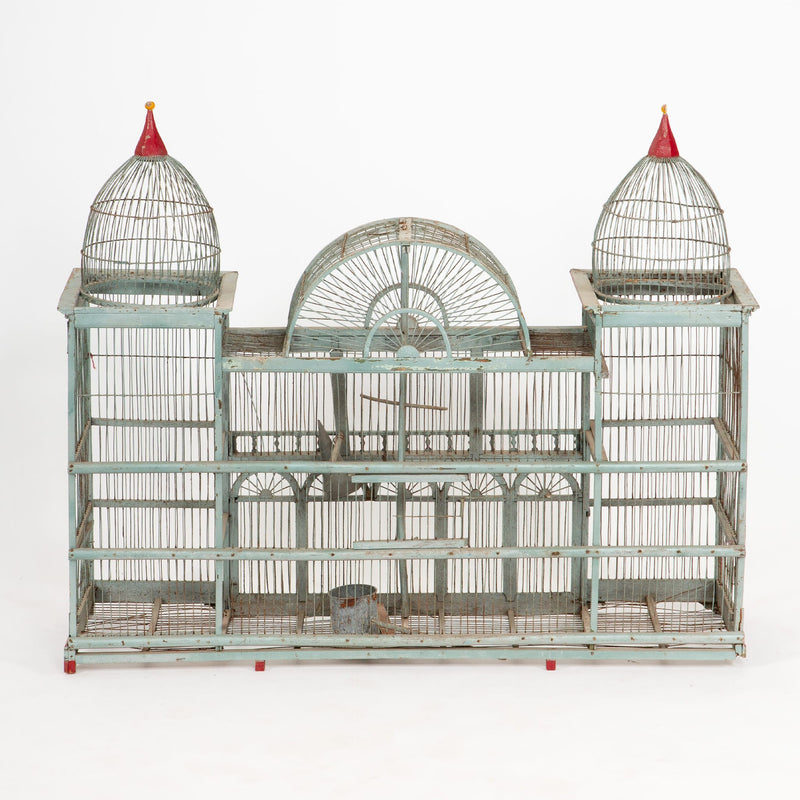 The Bird Palace: Late 19th Century Bird Cage Painted Grey with Red Accents