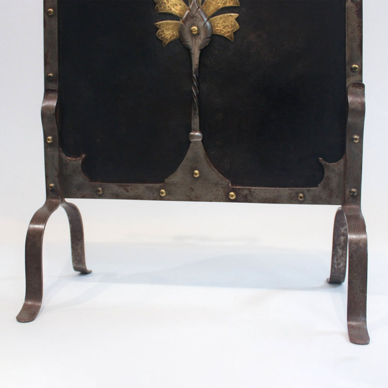 French Hand-Forged Wrought Iron and Brass Fire Screen, Early 20th Century