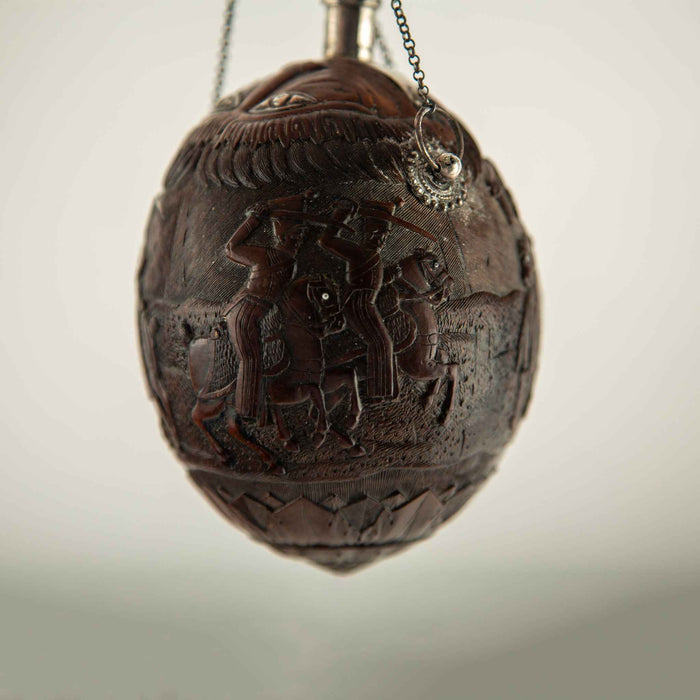 French Colonial Carved Coconut "Bugbear" Flask with Silver Mounts, 18/19th C.