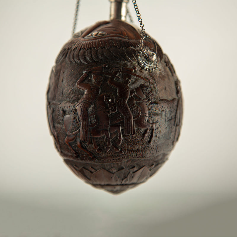 French Colonial Carved Coconut "Bugbear" Flask with Silver Mounts, 18/19th C.
