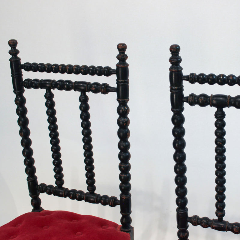 Pair of Napoleon III Ebonized Bobbin-Turned Chairs with Red Velvet Upholstery