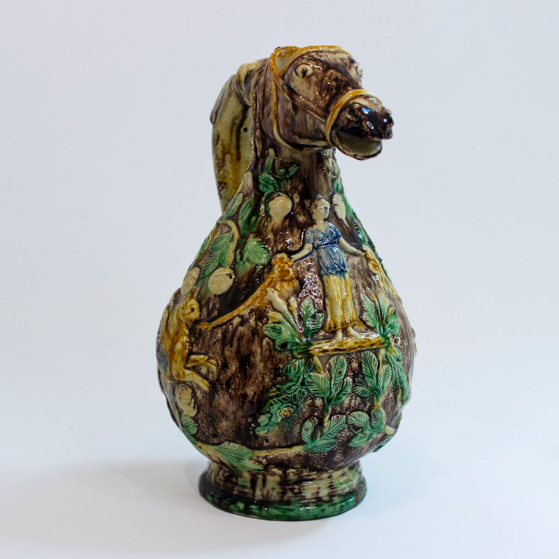 English Majolica Figural Pitcher with Horse-Head Spout and Fish Handle, 19th/20C