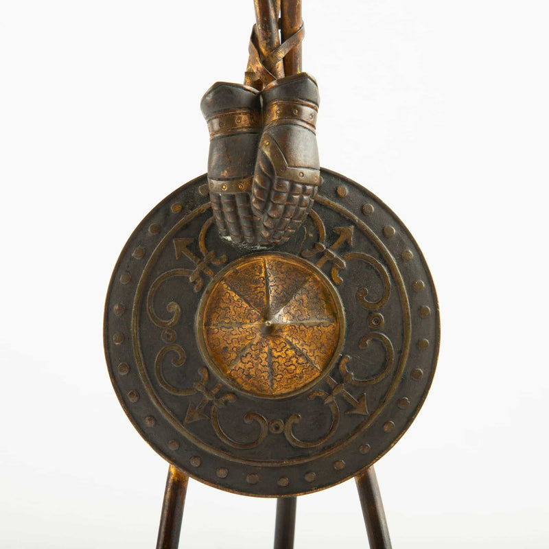 Pair of 19th-C French Bronze Tripod Candlesticks- Martial Motifs on Marble Bases
