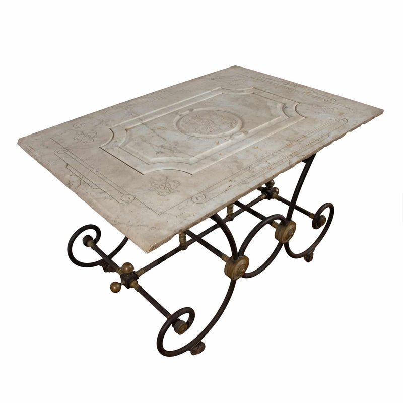 French Industrial Elegance: 19th Century French Butcher Table Carved Marble Top