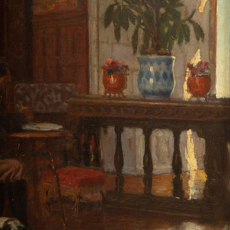 At Work: 1905 Painting of a Writer and His Dog in a Chic Salon, Signed J. Barcal