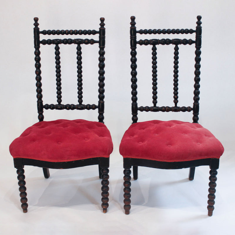 Pair of Napoleon III Ebonized Bobbin-Turned Chairs with Red Velvet Upholstery