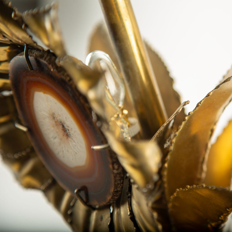 1970s P. Mas-Rossi French Brass Sunflower Table Lamp with Agate Center