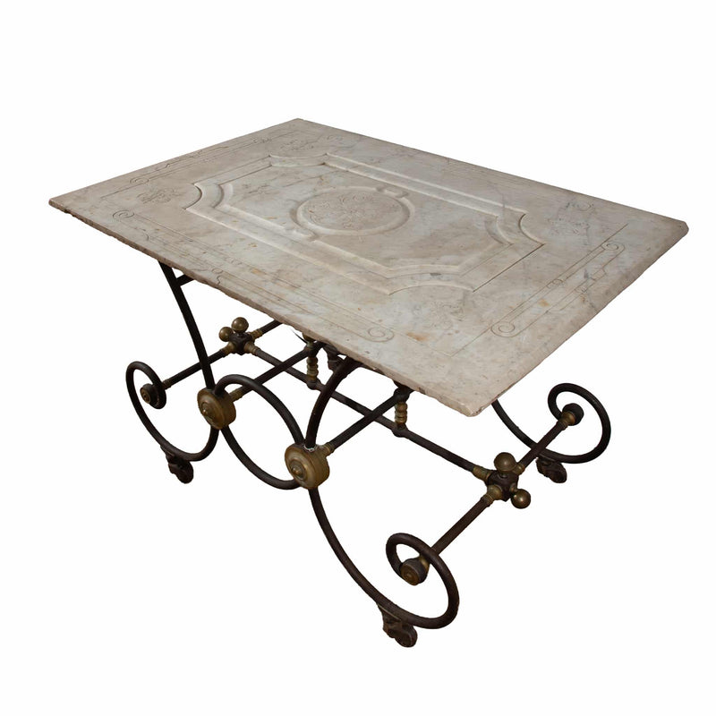 French Industrial Elegance: 19th Century French Butcher Table Carved Marble Top