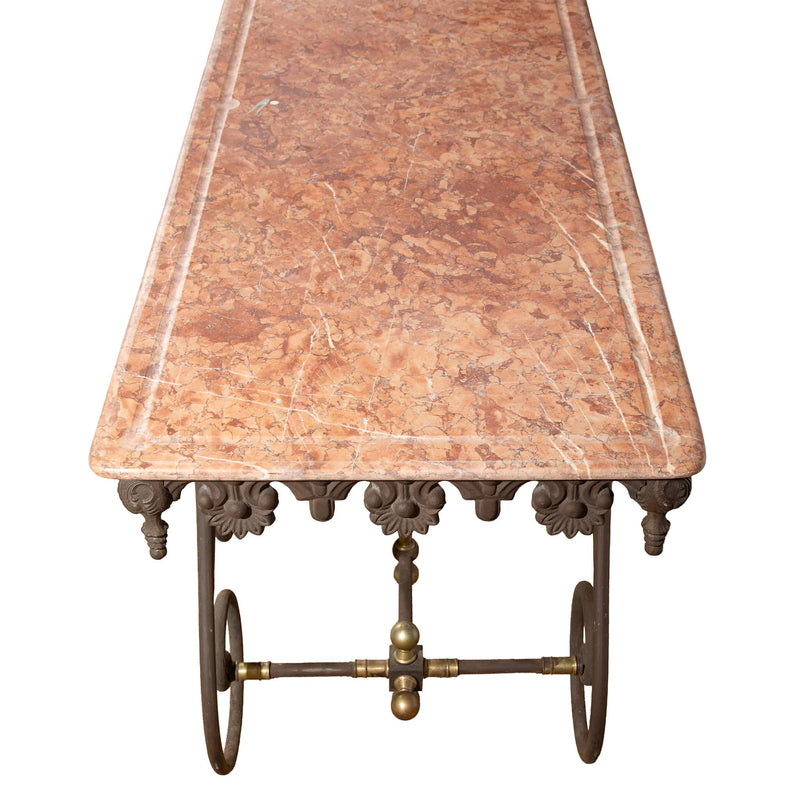 Exceptional Large 19th-Century French Butcher Table with Rose Marble Top