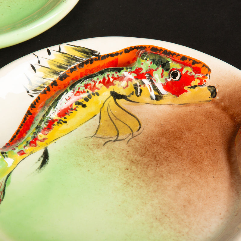French Mid-Century Hand-Painted Fish Plate Set with Platter, Signed Vallauris