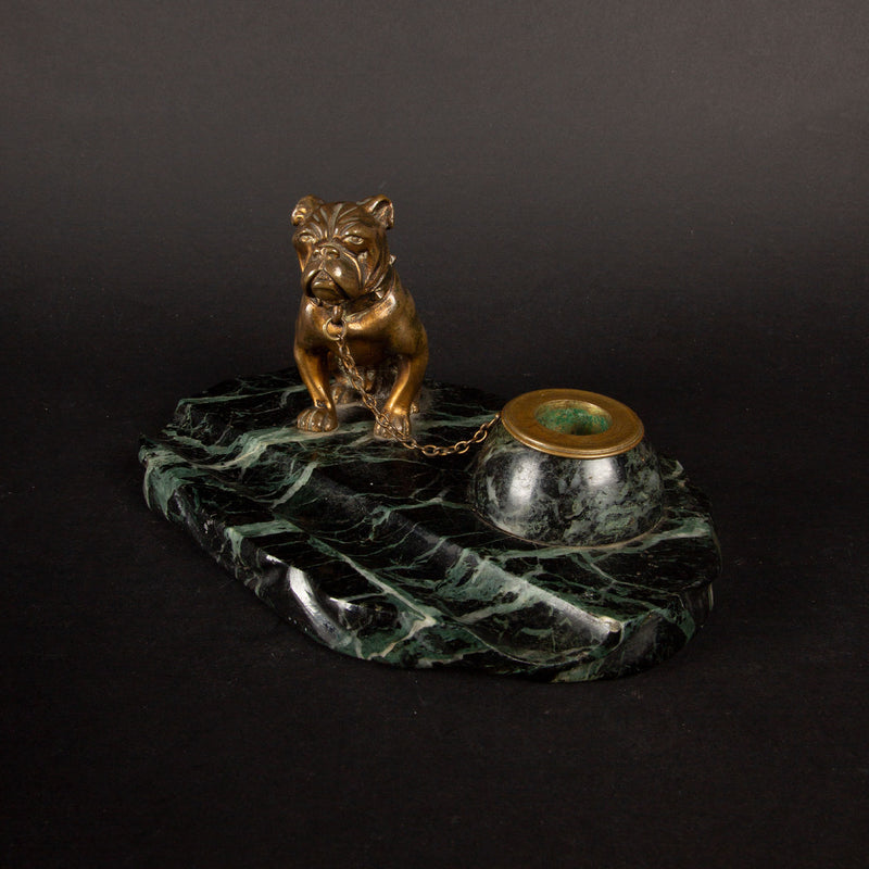 19th-Century French Bronze Bulldog Inkwell by M. Bertin on Marble Base