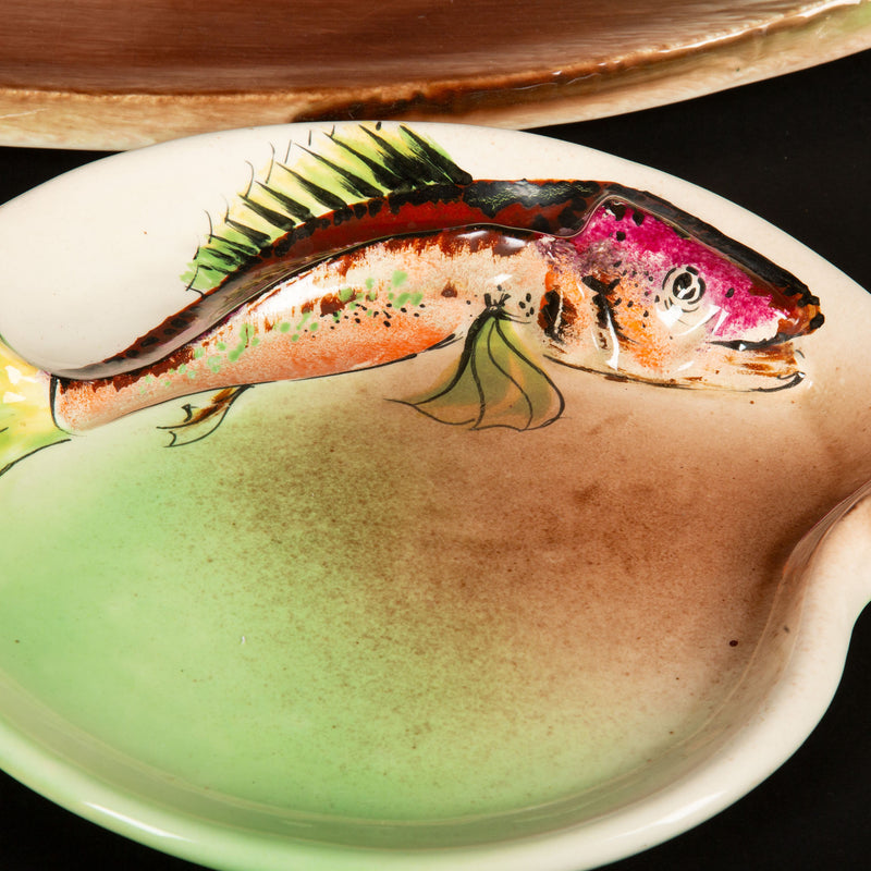 French Mid-Century Hand-Painted Fish Plate Set with Platter, Signed Vallauris