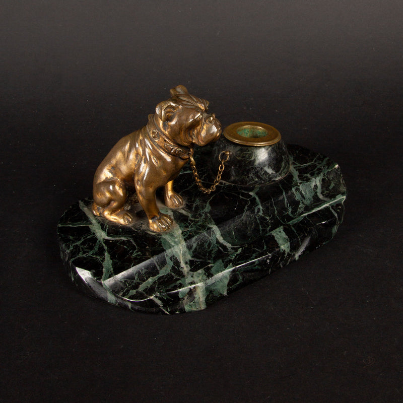 19th-Century French Bronze Bulldog Inkwell by M. Bertin on Marble Base