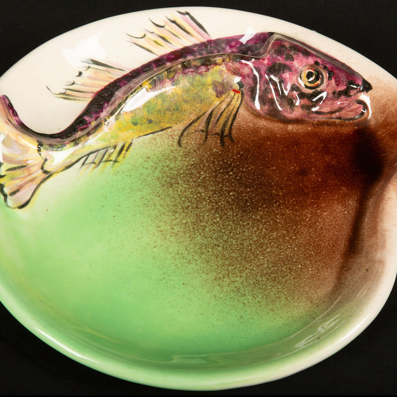 French Mid-Century Hand-Painted Fish Plate Set with Platter, Signed Vallauris