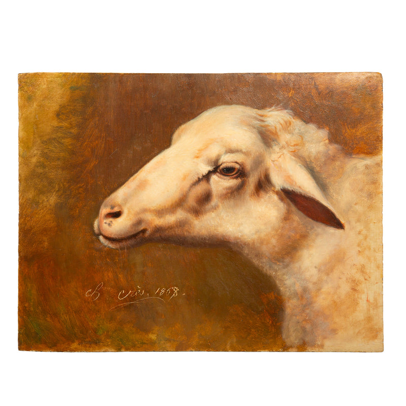A Gentle Gaze: 19th C French Painting of a Sheeps Head Signed 1868