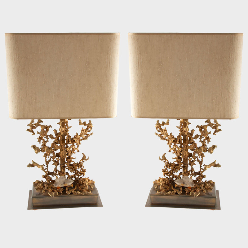 Organic Forms in Light: Pair of Mid C. Naturalistic Gilt Lamps