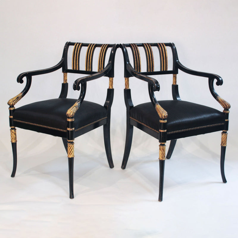 Pair of Regency Ebonized Armchairs with Parcel Gilt Decoration