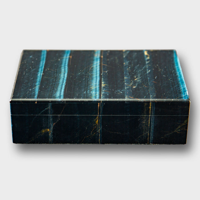 Polished Midnight Blue Falcon’s Eye Gemstone Box with Brass Hinged Lid – 6"