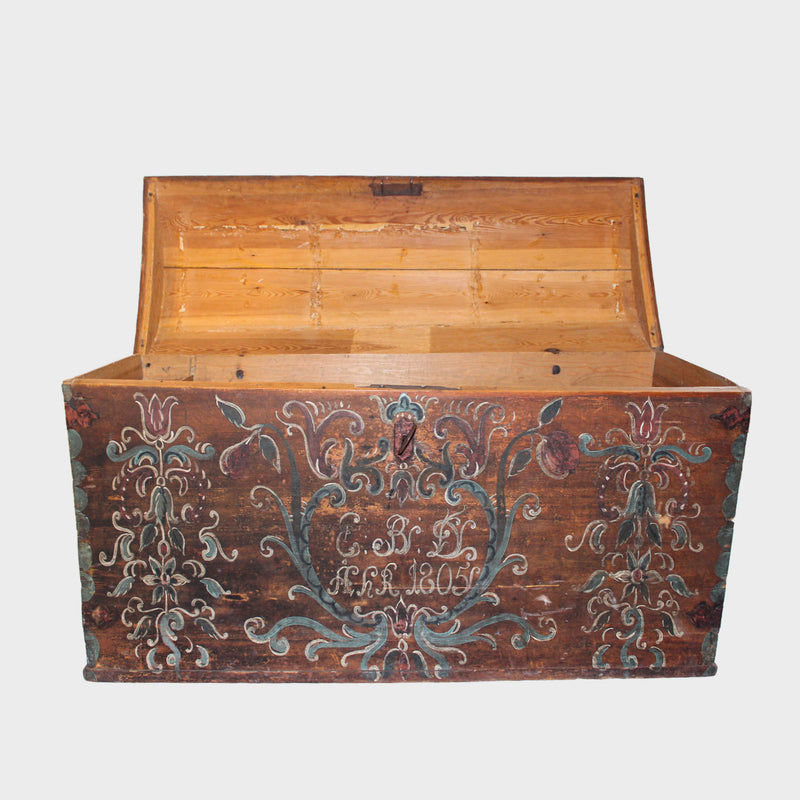 Swedish Folk Art Painted Pine Storage Trunk, Dated 1805
