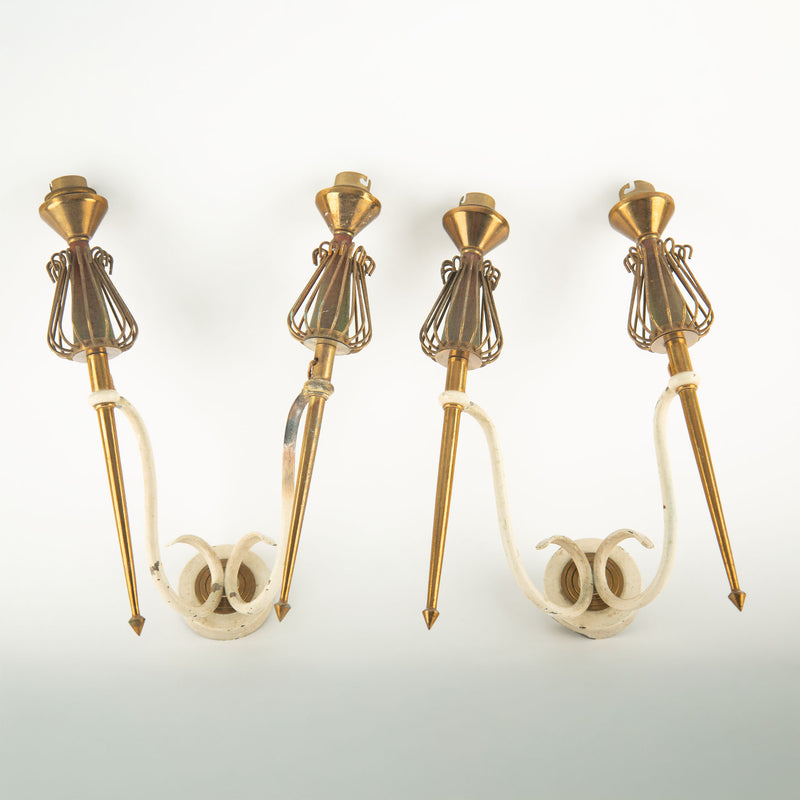 Pair of French Mid-Century Sculptural Brass and Ivory Wall Sconces, circa 1950