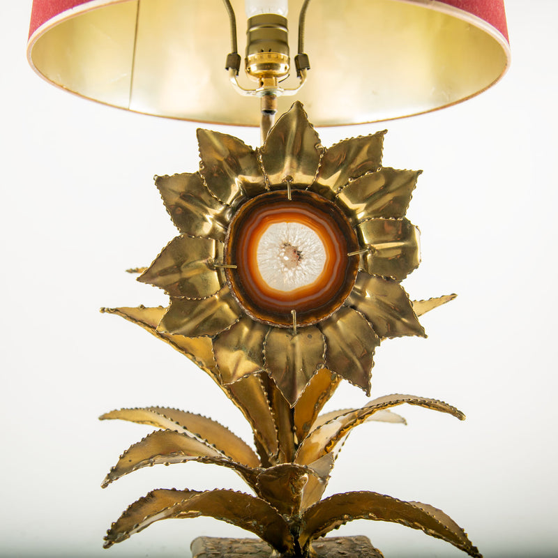 1970s P. Mas-Rossi French Brass Sunflower Table Lamp with Agate Center