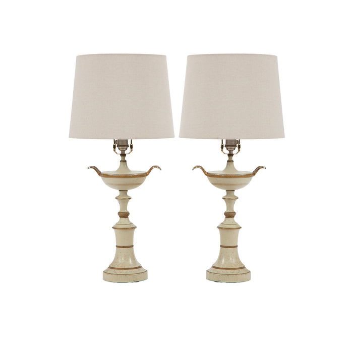 The Classical Glow: Pair of Mid Century Cream Tole Painted Kylix Shaped Lamps