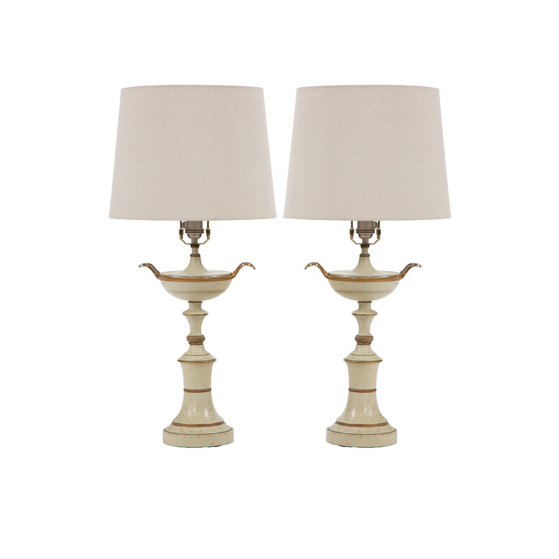 The Classical Glow: Pair of Mid Century Cream Tole Painted Kylix Shaped Lamps