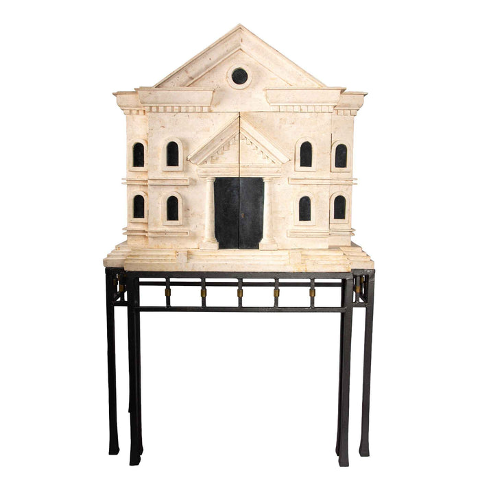 Monumental Fossil Stone and Black Marble Bar - Cabinet with Brass and Iron Base