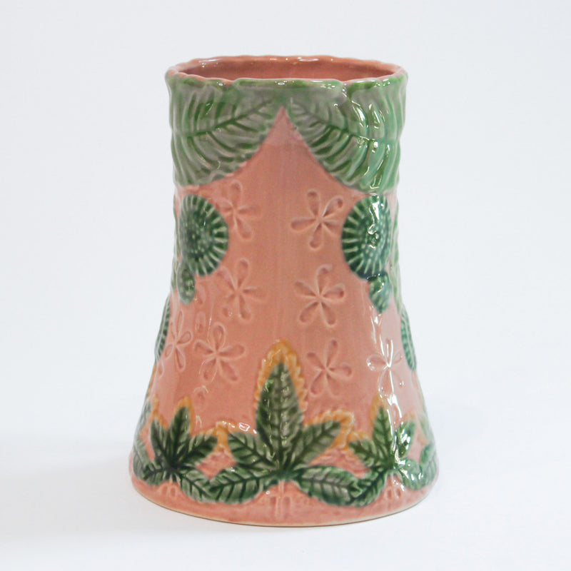 Majolica-Style Pink and Green Botanical Jug with Leaf Decoration