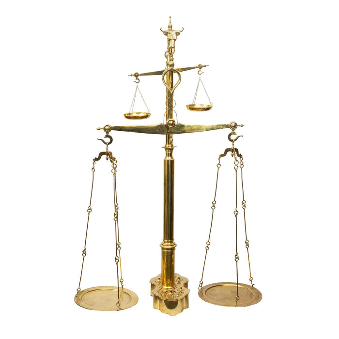 Monumental 19th C. French Brass Butcher's Balance Scale with Bull Head Finial
