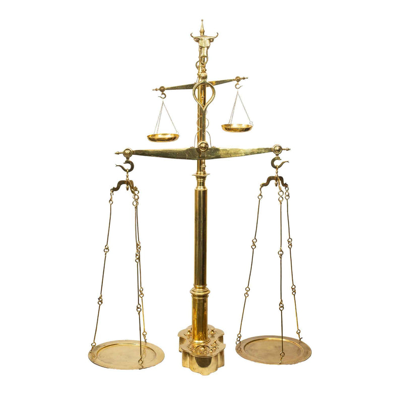 Monumental 19th C. French Brass Butcher's Balance Scale with Bull Head Finial