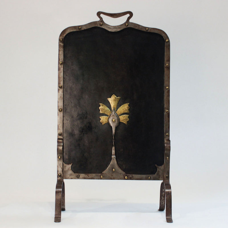 French Hand-Forged Wrought Iron and Brass Fire Screen, Early 20th Century