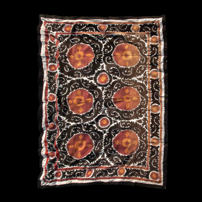 Handmade Vintage Cotton Suzani, Orange, and Charcoal