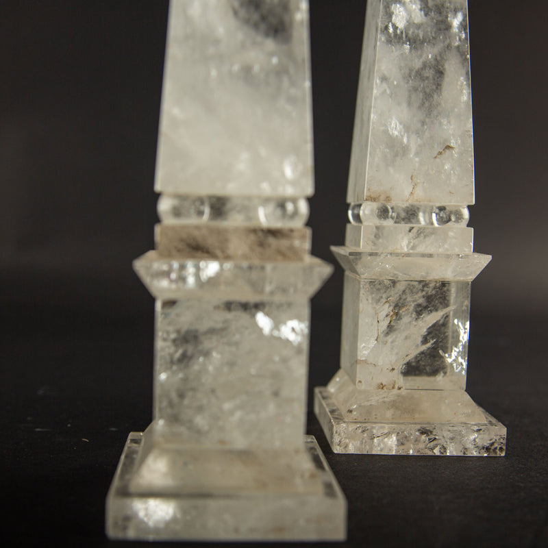 Pair of Hand-Carved Rock Crystal Obelisks on Stepped Bases, 12"