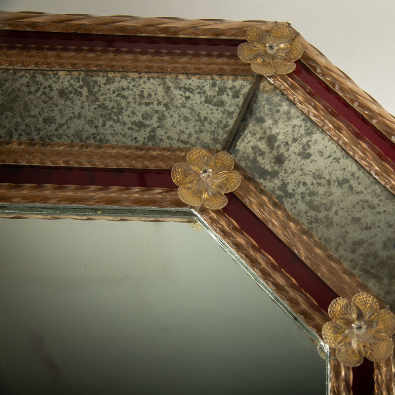 "Ruby Regatta" Venetian Octagonal Mirror with Murano Glass Rosettes