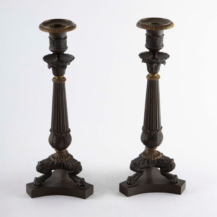 Pair of French Empire Revival Patinated and Gilt Bronze Candlesticks, 11.5" H
