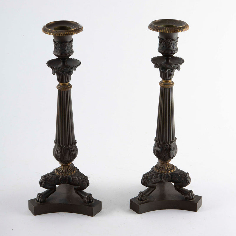 Pair of French Empire Revival Patinated and Gilt Bronze Candlesticks, 11.5" H