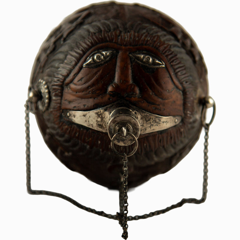 French Colonial Carved Coconut "Bugbear" Flask with Silver Mounts, 18/19th C.