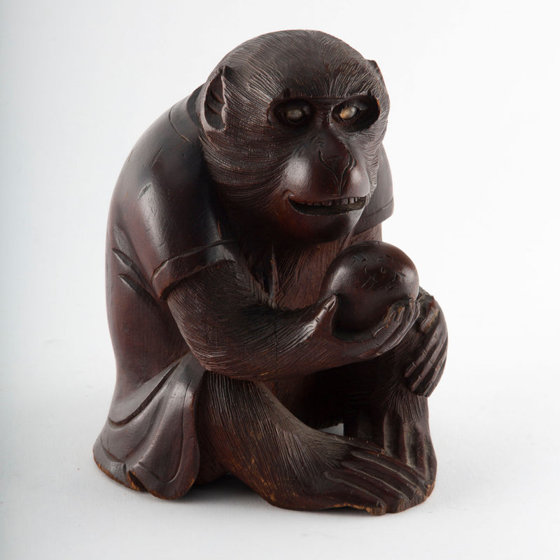 The Watchful Monkey: Early 20th Century Japanese Wood Carving of a Monkey